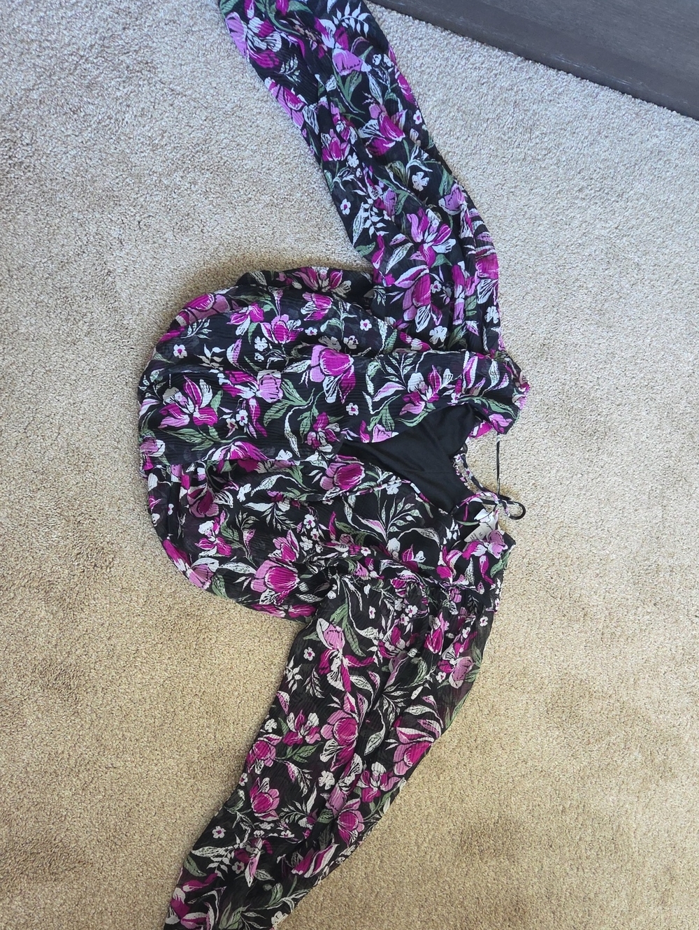 Black Floral Blouse with Pink & Green Flowers
